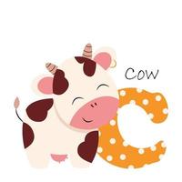 Illustration for the English alphabet with the image of a cow, for teaching young children with beautiful typography. ABC - letter C vector