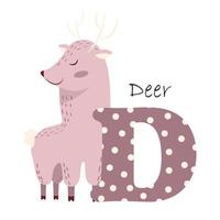 ilustración del alfabeto inglés con la imagen de un ciervo, para enseñar a los niños pequeños con una hermosa tipografía. abc - letra d vector