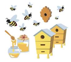 conjunto de abejas, tarros de cristal de miel y varias colmenas, un cucharón para miel. apicultura, equipo de apicultura, objetos de dibujos animados aislados en una ilustración de vector de stock de fondo blanco.
