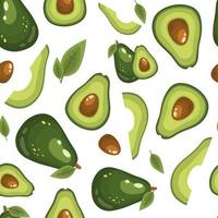 Seamless background of juicy avocado fruits on a white background. A variety of ripe slices, slices and halves. Cartoon-style vector pattern for fabric or packaging