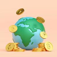 Globe with cryptocurrency BTC ETH, 3d illustration photo