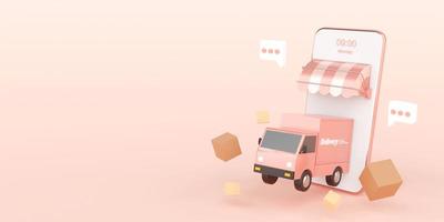 concepto de comercio electrónico, servicio de entrega en aplicación móvil, entrega de transporte por camión, representación 3d