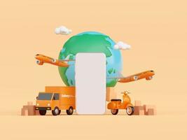 logística global, entrega y transporte de carga a través de teléfonos inteligentes, ilustración 3d foto