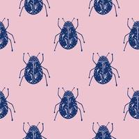 Bright seamless pattern with insect hand drawn bugs. Animal botanic artwork with navy blue ornament and pink background. vector