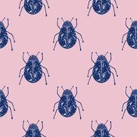 Bright seamless pattern with insect hand drawn bugs. Animal botanic artwork with navy blue ornament and pink background. vector