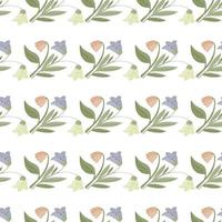 Seamless isolated pattern with doodle stylized forest flowers elements. Pastel green and blue colored print on white background. vector