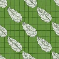 White outline leaf silhouettes seamless creative pattern. Botanic ornament on green chequered background. vector