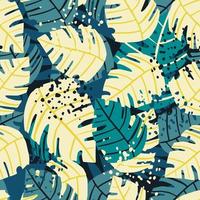 Seamless pattern with doodle monstera line leaves on blue background. vector