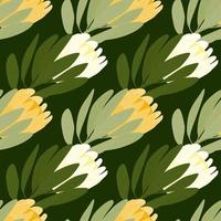Bloom nature seamless pattern with green leaves and white and yellow protea flowers shapes. Doodle artwork. vector