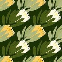 Bloom nature seamless pattern with green leaves and white and yellow protea flowers shapes. Doodle artwork. vector