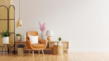 Living room interior wall mockup in warm tones with leather armchair on white wall background.