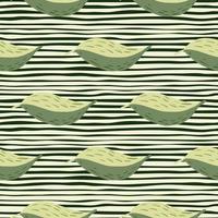 Leaf silhouettes hand drawn seamless pattern. Doodle botanic green ornament on striped background with black lines. vector