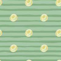 Simple seamless doodle pattern with light yellow pearls. Bubbles silhouettes on green stripped background. vector