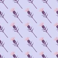 Purple and pink colored burdock flowers seamless pattern. Blue background. Spring creative print. vector