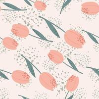 Random seamless pattern with pink tulip simple silhouettes. Light pastel background with splashes. vector