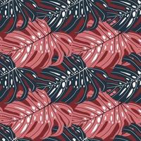 Bright abstract tropical seamless pattern with monstera leaves. Pink and navy blue exotic foliage print. vector