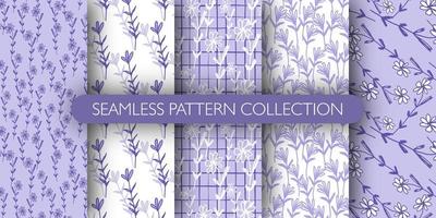 Set of doodle purple flower seamless patterns. Ditsy violet floral background. Floral endless wallpaper vector