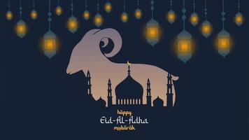 illustration vector graphic of mosque and goat in silhouette with glowing lantern for eid al adha mubarak. good for background, banner, card, poster flyer template, etc.