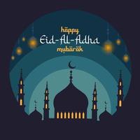 eid al-adha mubarak traducido al inglés como fiesta del sacrificio. vista nocturna de la mezquita dibujada con linterna. fondo de diseño árabe. tarjeta de felicitación, invitación, afiche, volante, pancarta, etc. vector