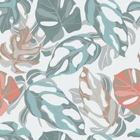 Seamless pastel soft botanic pattern with monstera leaf ornament. Green, pink and beige pale color elements on light background. vector