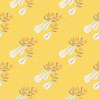 Summer botanic flowers seamless pattern. Floral ornament in a white vases on yellow background with dots. vector