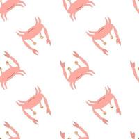 Simple isolated seamless seafood pattern with pink pastel crabs. Animal ornament on white background. vector