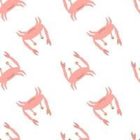 Simple isolated seamless seafood pattern with pink pastel crabs. Animal ornament on white background. vector