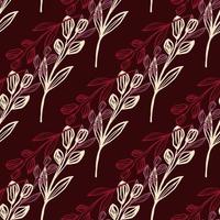 Vintage line art leaf seamless pattern on dark red background. Hand drawn floral botanical wallpaper. Retro backdrop for fabric design vector