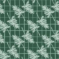 Grey branch silhouettes seamless diagonal pattern. Green background with check. Stylized artwork. vector