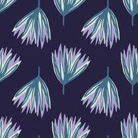 Blue and purple hand drawn tulip flowers seamless pattern. Abstract bud silhouettes on navy blue dark background. vector