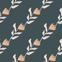 Hand drawn tulip flower seamless botanic pattern. Floral ornament in light and beige tones on dark grey background. vector