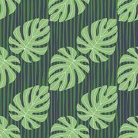 Green monstera simple silhouettes seamless stylized pattern. Creative botanic ornament on striped dark green background. vector