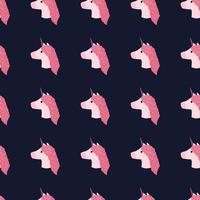 contraste de patrones sin fisuras con caras simples de unicornio rosa. adorno de caballo de cuento de hadas sobre fondo azul marino oscuro. vector