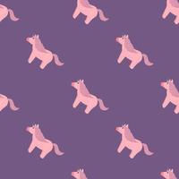Simple animal seamless pattern with unicorn elements. Pink pony silhouettes on purple pastel background. vector