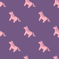 Simple animal seamless pattern with unicorn elements. Pink pony silhouettes on purple pastel background. vector