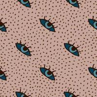 Eyes naive seamless pattern. Doodle artwork with blue elements and pink background with dots. vector