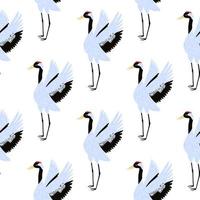 Zoo seamless isolated doodle pattern with blue colored cute crane bird ornament. White background. vector
