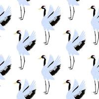 Zoo seamless isolated doodle pattern with blue colored cute crane bird ornament. White background. vector