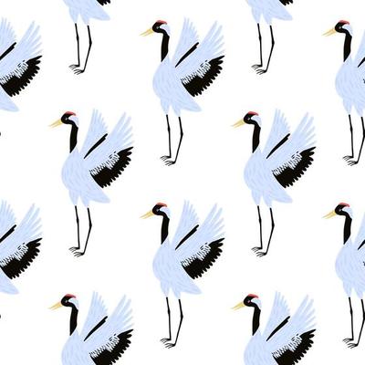 Zoo seamless isolated doodle pattern with blue colored cute crane bird ornament. White background.