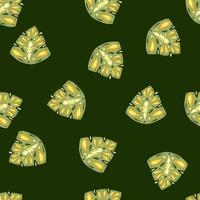 Bloom foliage tropic seamless pattern with random monstera folk print. Green background. vector
