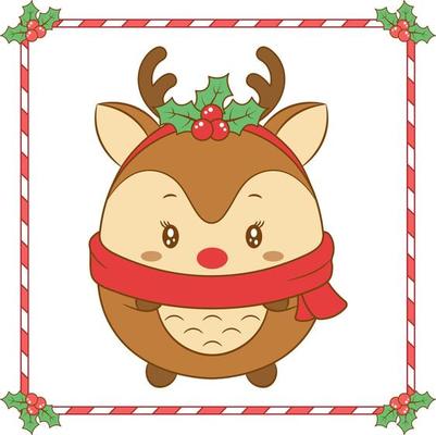 Christmas cute reindeer drawing with red berry frame