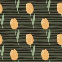 Simple botanic seamless pattern with tulips ornament. Orange buds and green stems on stripped background. vector