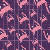 Seamless random pattern with doodle crab pink silhouettes. Purple chequered background. vector