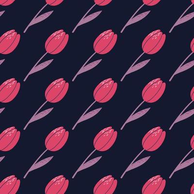 Dark hand drawn tulips seamless pattern. Pink colored flowers on navy blue background. Simple floral backdrop.