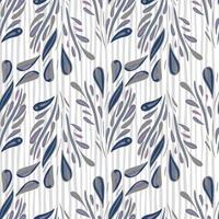 Hand drawn seamless doodle pattern with blue colored foliage shapes. Light striped background. Doodle backdrop. vector