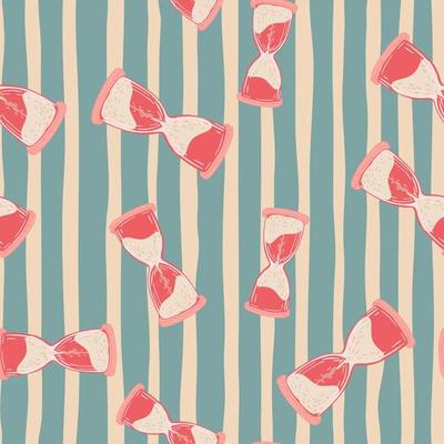 Random bright pink hourglass shapes seamless doodle pattern. Blue and pink striped background.