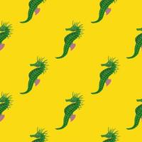 Minimalistic style seamless pattern with doodle green seahorse ornament. Bright yellow background. vector