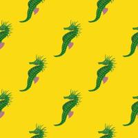 Minimalistic style seamless pattern with doodle green seahorse ornament. Bright yellow background. vector