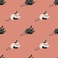 Cute seamless pattern with hand drawn grey and white crane bird ornament. Pink background. Zoo print. vector