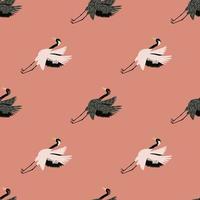 Cute seamless pattern with hand drawn grey and white crane bird ornament. Pink background. Zoo print. vector